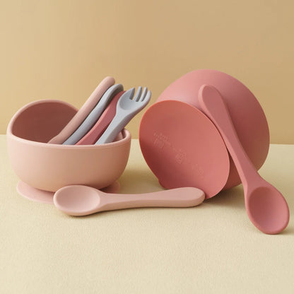 3PCS Baby Silicone Dinner Set Suction Dishes Waterproof Spoon Fork Feeding Training Sets For Children Food Grade Baby Tableware