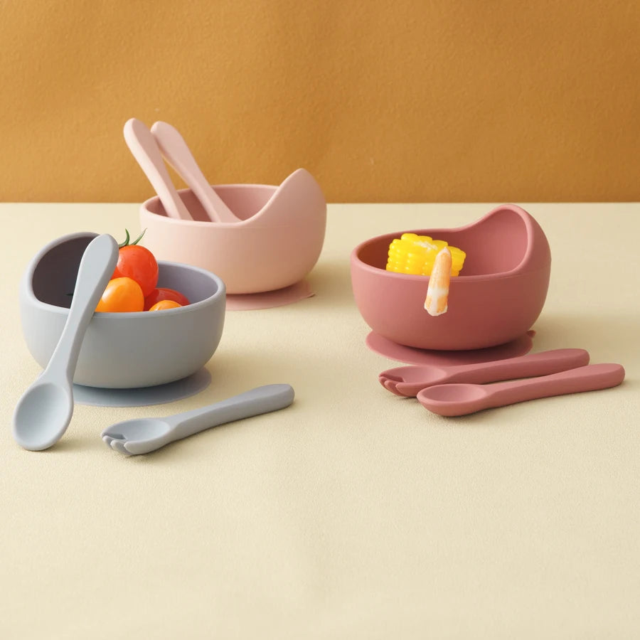 3PCS Baby Silicone Dinner Set Suction Dishes Waterproof Spoon Fork Feeding Training Sets For Children Food Grade Baby Tableware