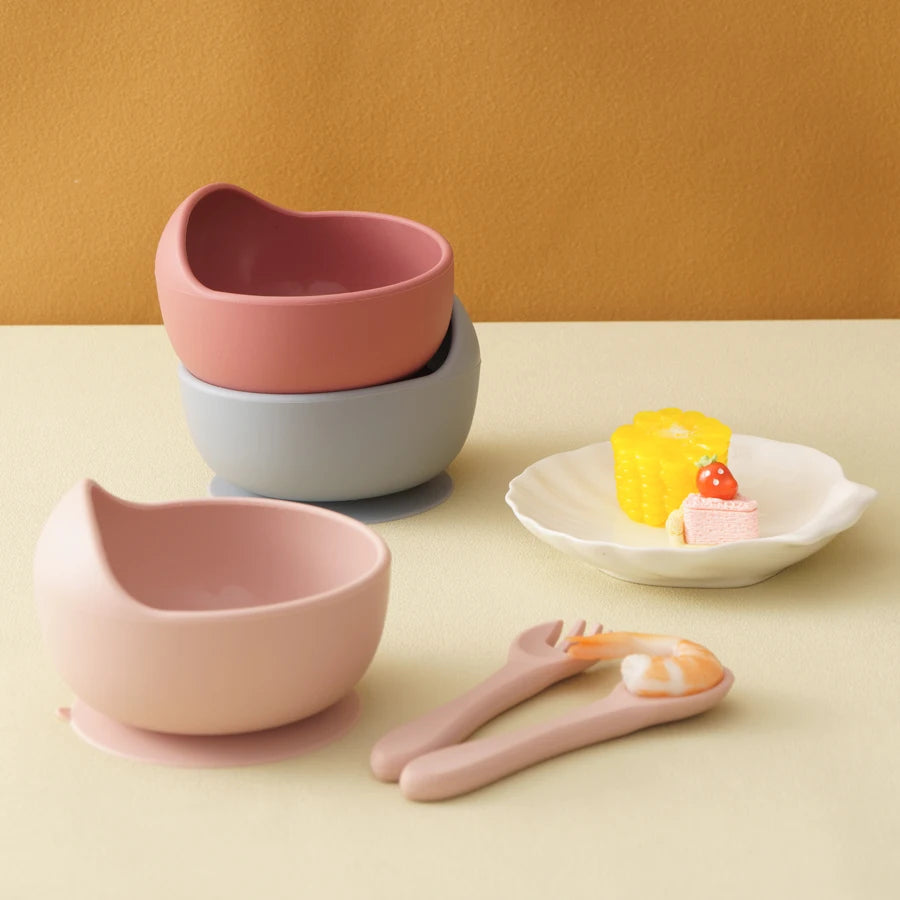 3PCS Baby Silicone Dinner Set Suction Dishes Waterproof Spoon Fork Feeding Training Sets For Children Food Grade Baby Tableware