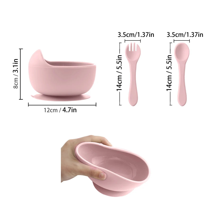 3PCS Baby Silicone Dinner Set Suction Dishes Waterproof Spoon Fork Feeding Training Sets For Children Food Grade Baby Tableware