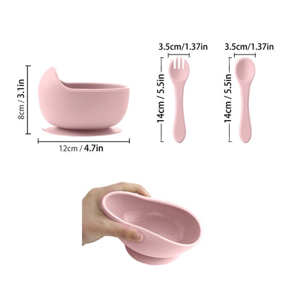 3PCS Baby Silicone Dinner Set Suction Dishes Waterproof Spoon Fork Feeding Training Sets For Children Food Grade Baby Tableware